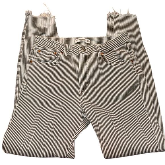 PULL&BEAR Striped Skinny Crop Jeans Sz 28 Gray White Raw Hem Stretch Cotton - Picture 2 of 14